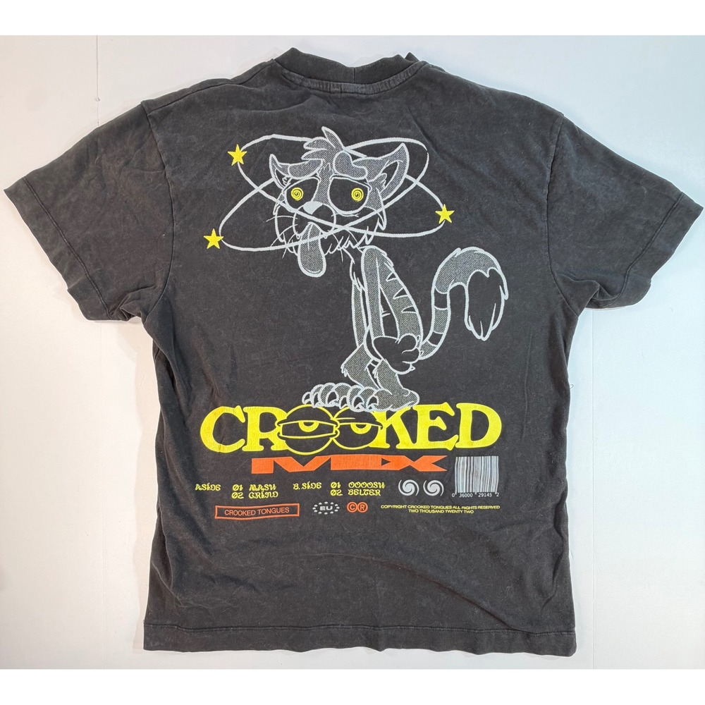 Crooked Tongues Mens Graphic T-Shirt Black Faded Cartoon Cat Streetwear Size M